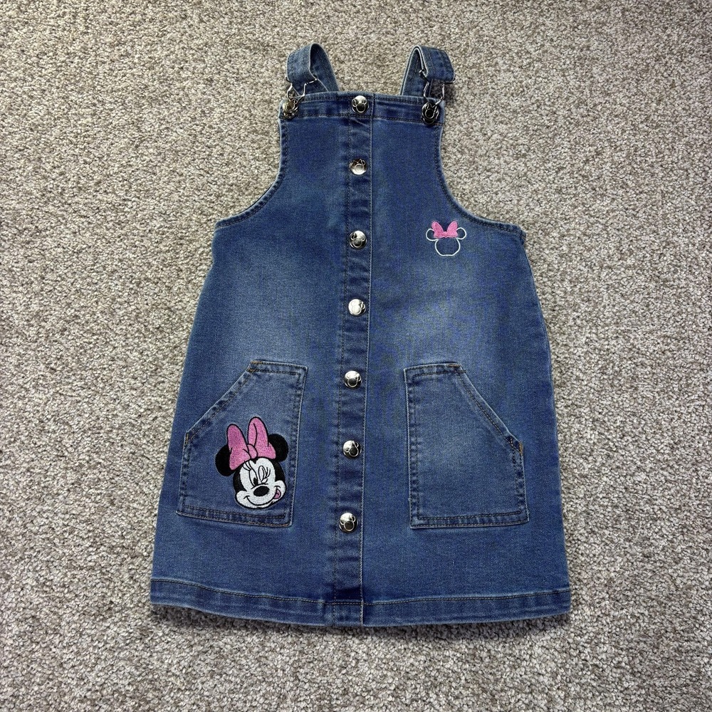 Disney Minnie Mouse Overall Dress Girls 6-7 Blue Denim Button‎ Front Pockets